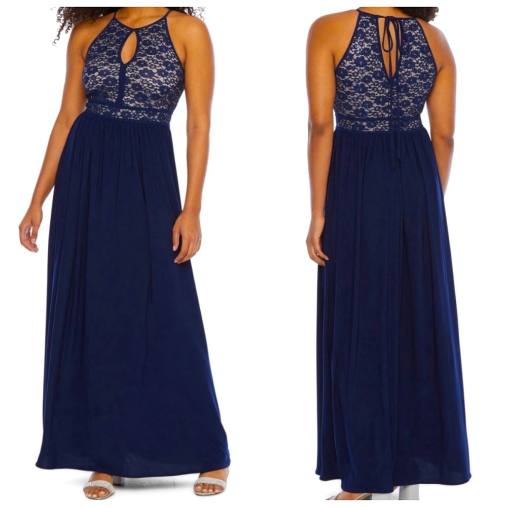 Morgan & Co. Sequin Lace Cutout Formal Dress Navy Blue Nude Juniors Size 7